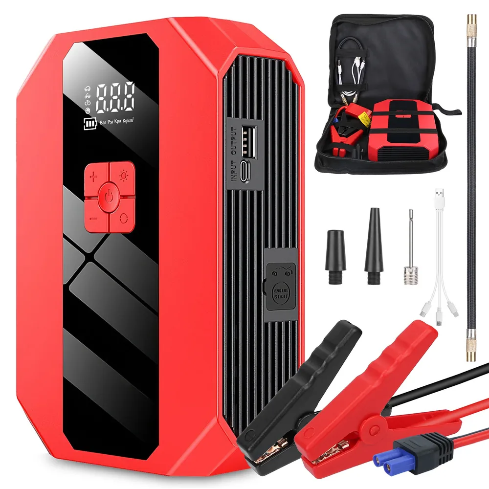 Portable car jump starter with built-in tire inflator