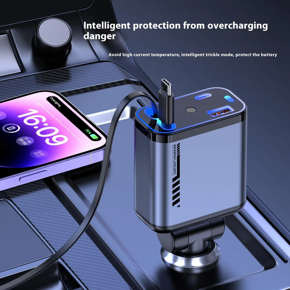 120W retractable fast car charger with starry-sky light